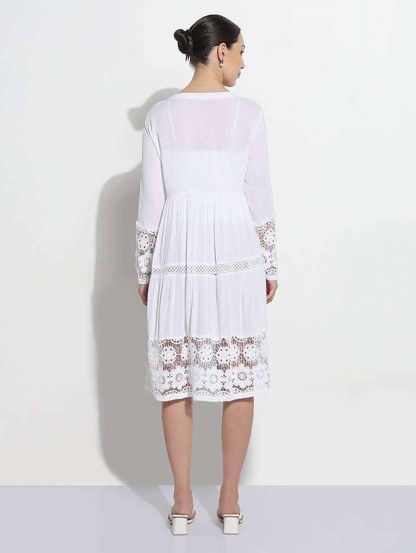 women white embroidered tie-up neck tiered dress - 21979902 -  Standard Image - 3