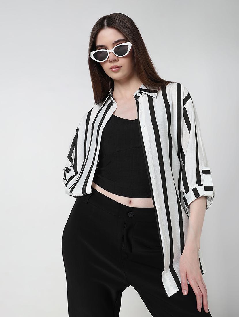 women striped long sleeve collared relaxed fit shirt - 21979906 - Zoom Image - 0