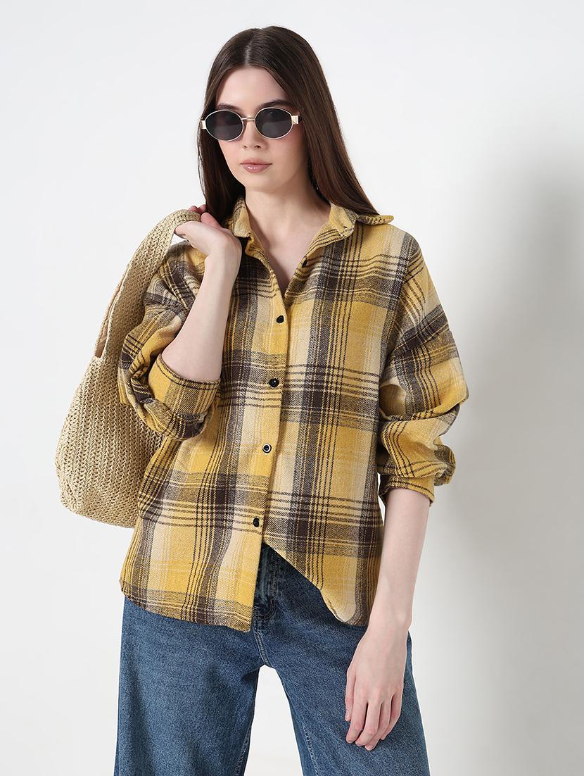 women checkered long sleeve collared shirt