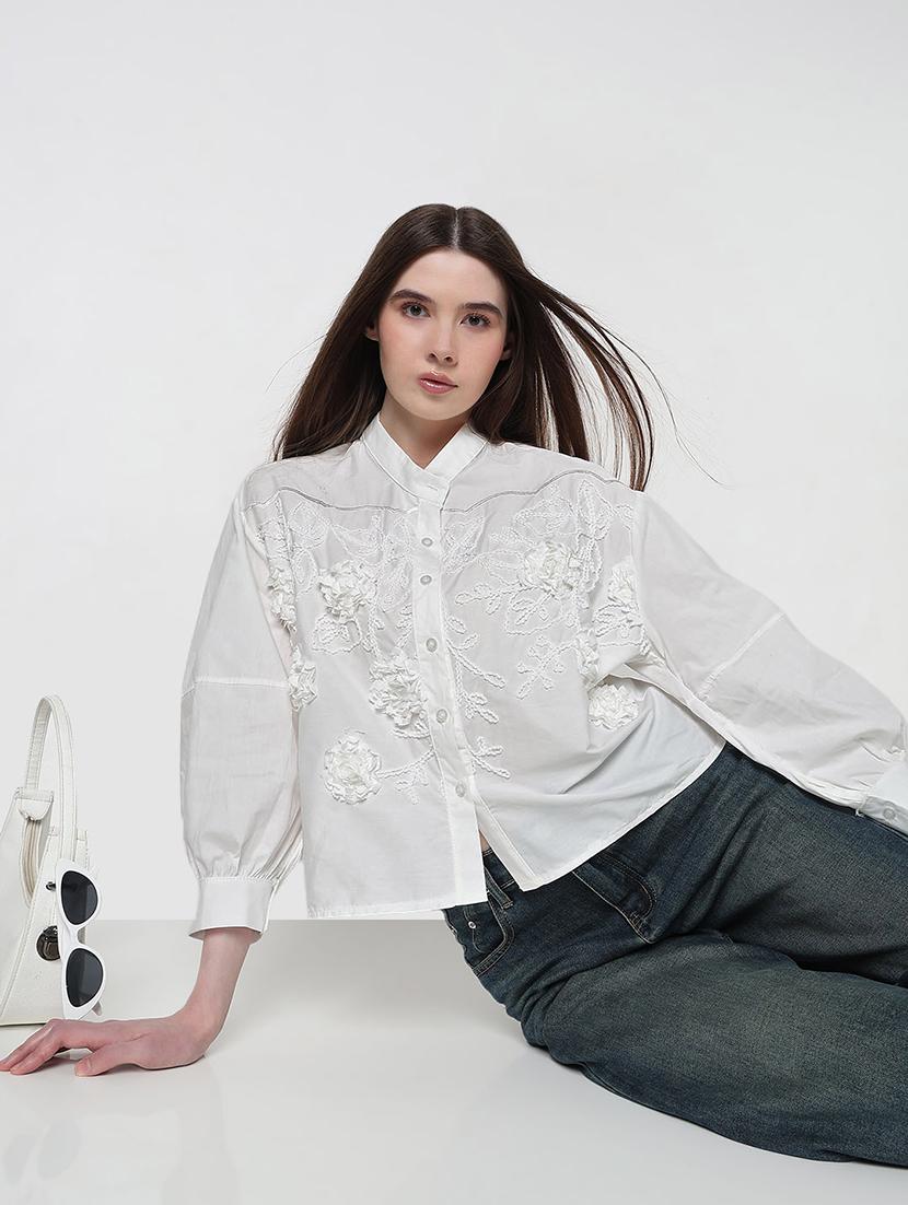 women embroidered puff sleeve relaxed fit shirt - 21979912 - Zoom Image - 0