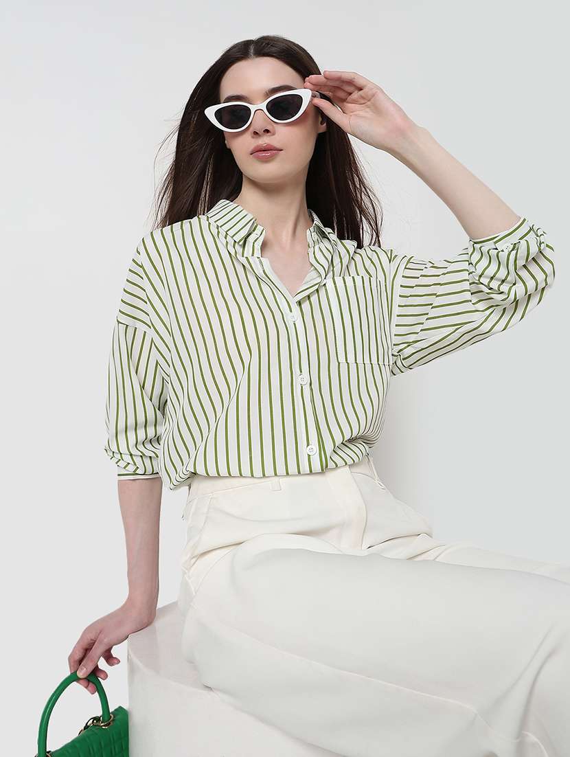 women striped long sleeve collared relaxed fit shirt - 21979914 -  Zoom Image - 0