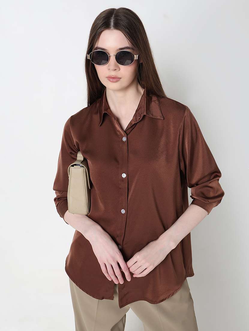 women solid long sleeve collared regular fit shirt