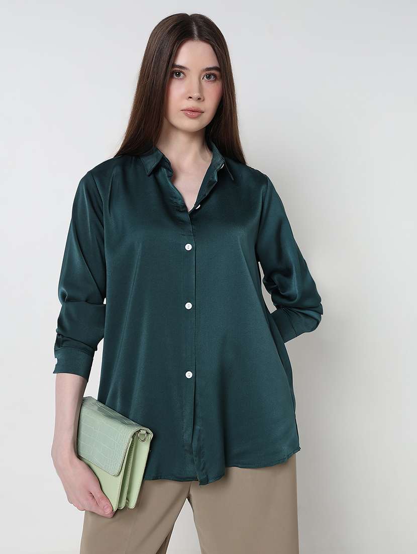 women solid long sleeve relaxed fit shirt