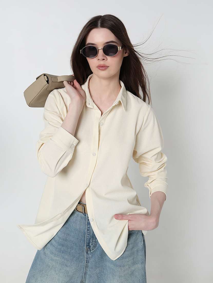 cream cotton blend regular fit shirt