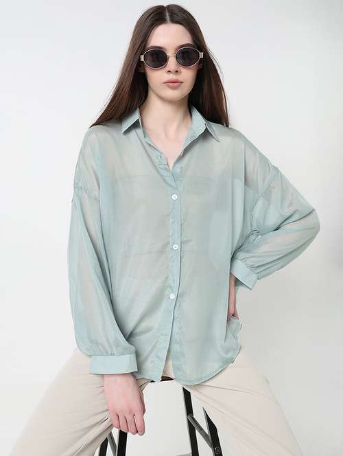 women solid long sleeve collared relaxed fit shirt - 21979926 - Standard Image - 0