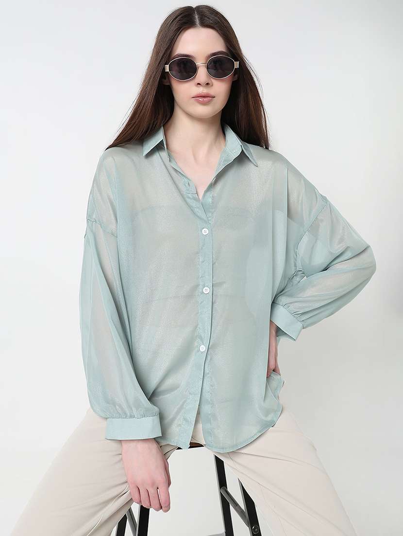 women solid long sleeve collared relaxed fit shirt