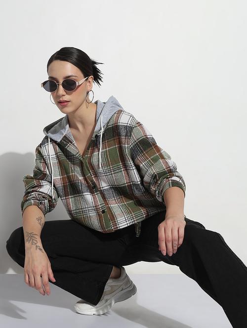 women checkered long sleeve hooded shirt - 21979932 - Standard Image - 0