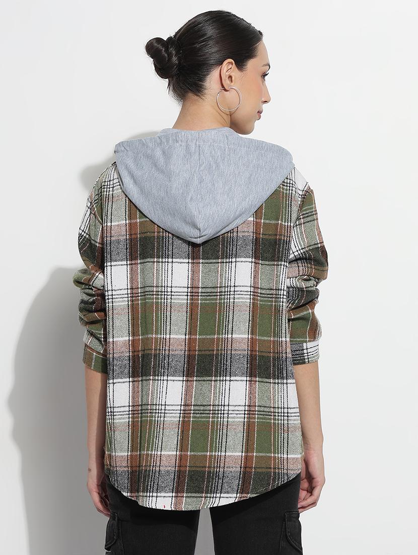 women checkered long sleeve hooded shirt - 21979932 - Standard Image - 3