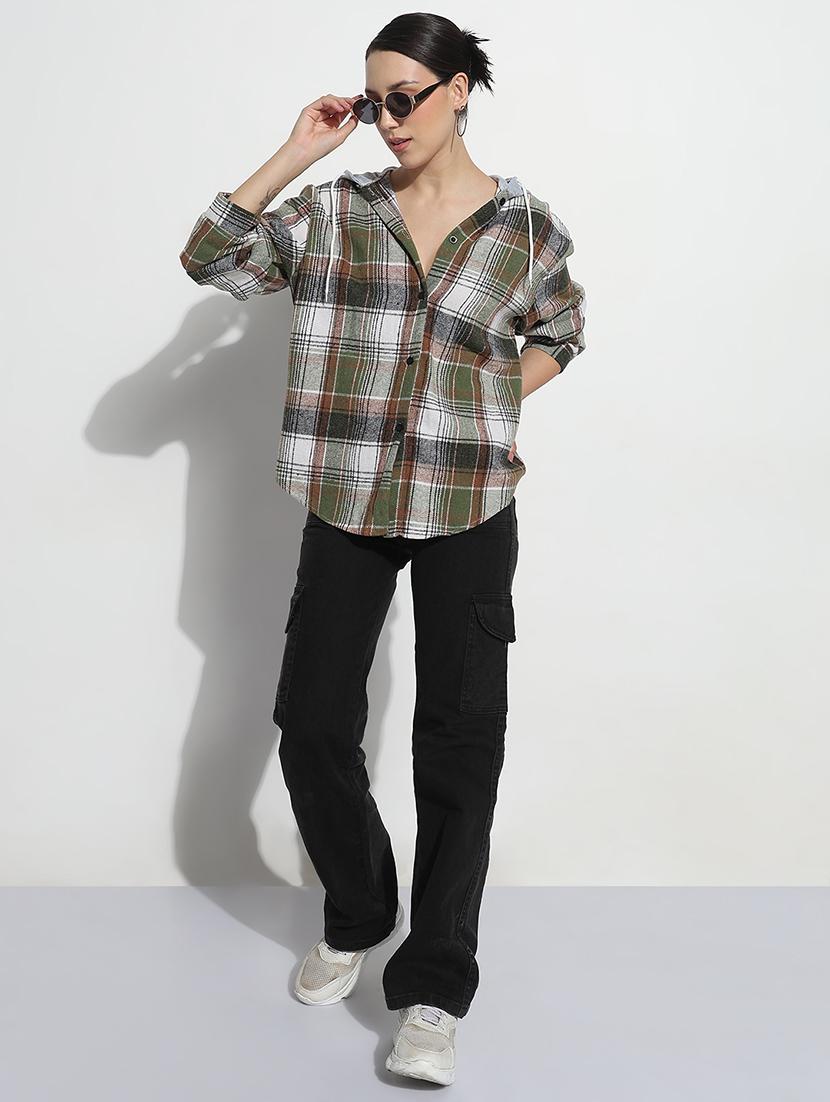 women checkered long sleeve hooded shirt - 21979932 - Standard Image - 5