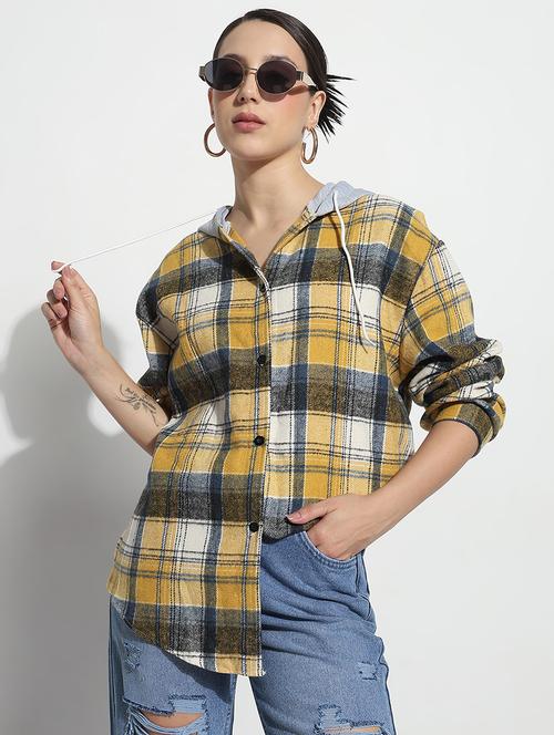 women checkered long sleeve hooded shirt - 21979933 - Standard Image - 0