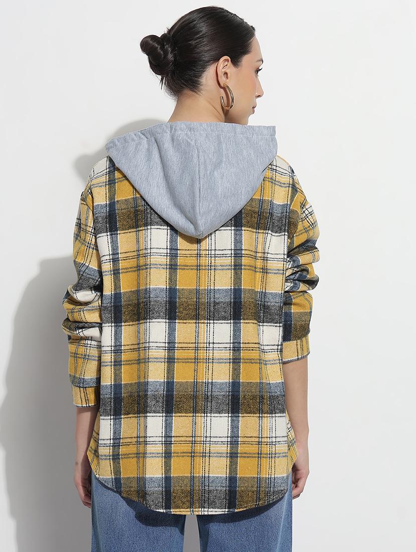 women checkered long sleeve hooded shirt - 21979933 - Standard Image - 3