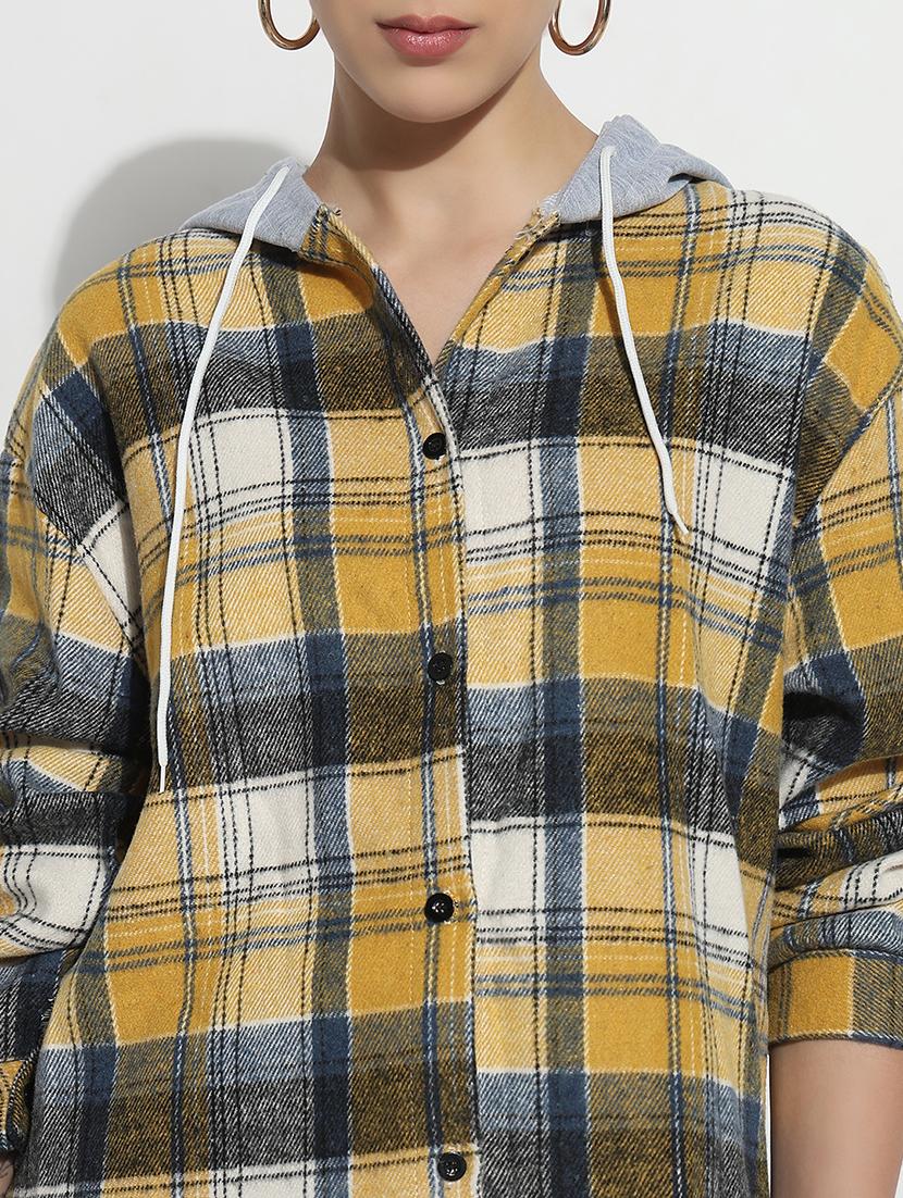 women checkered long sleeve hooded shirt - 21979933 - Standard Image - 5