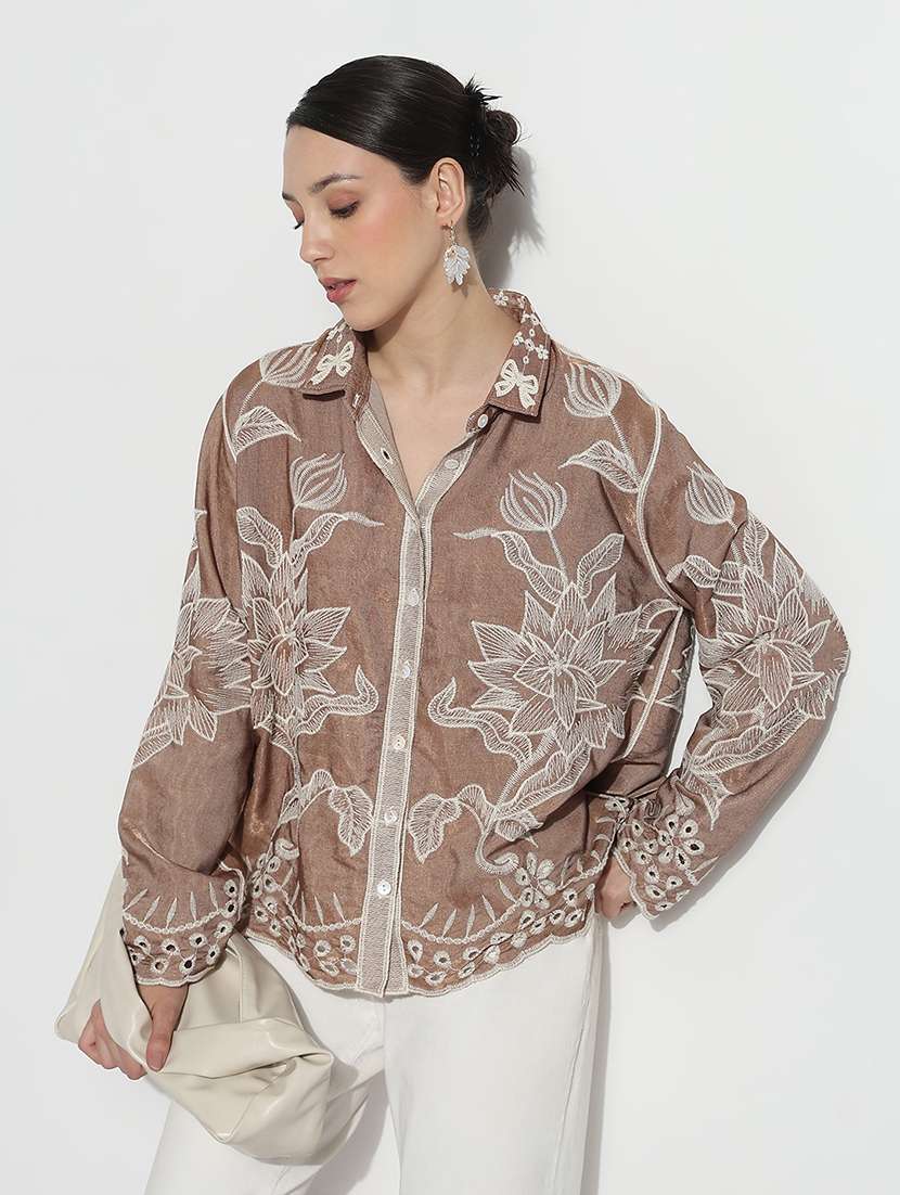 women embroidered long sleeve relaxed fit shirt