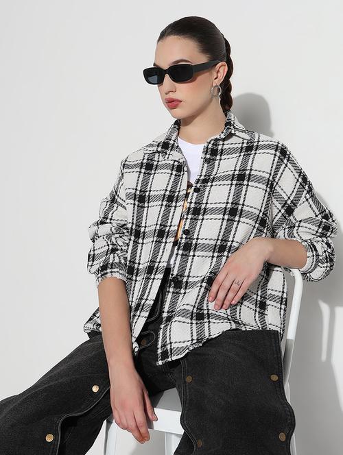 women checkered long sleeve collared oversized shirt - 21979940 - Standard Image - 0