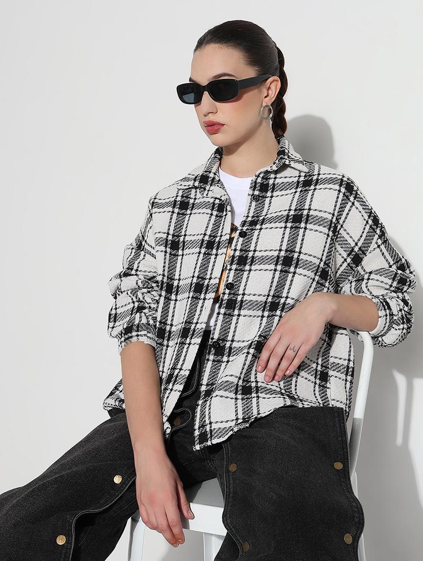 women checkered long sleeve collared oversized shirt