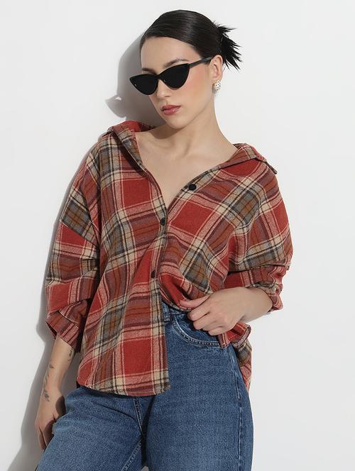 women checkered long sleeve collared oversized shirt - 21979941 - Standard Image - 0