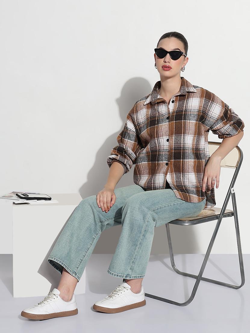 women checkered long sleeve collared oversized shirt - 21979943 - Zoom Image - 0