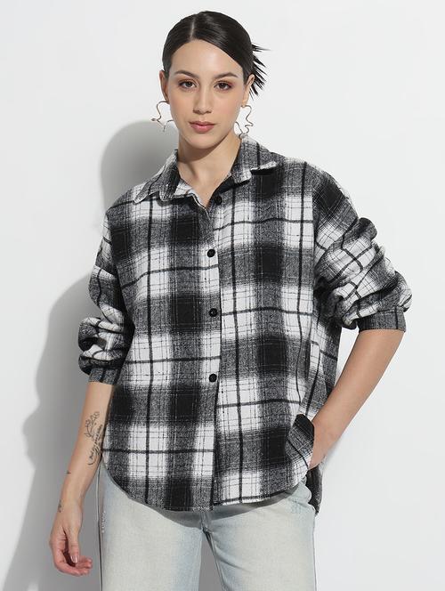 women checkered long sleeve collared oversized shirt - 21979944 - Standard Image - 0
