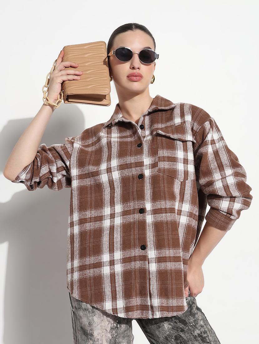 women checkered long sleeve collared oversized shirt - 21979945 - Zoom Image - 0