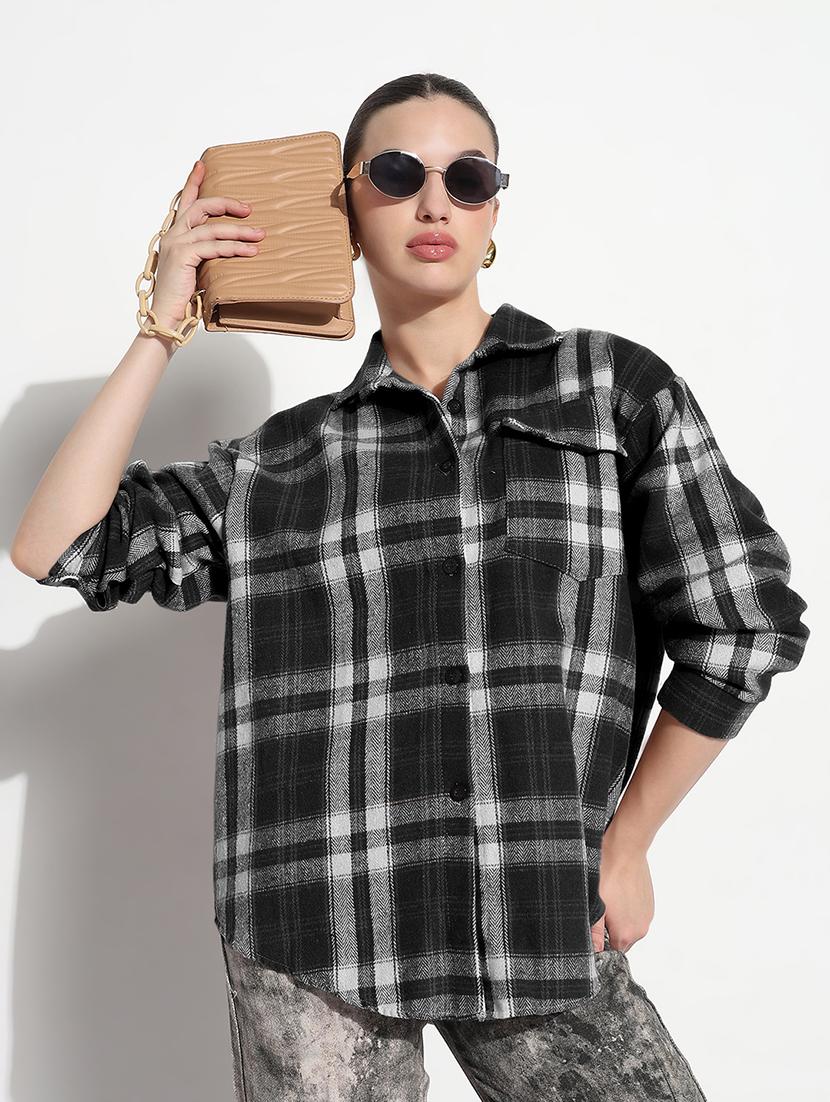 women checkered long sleeve collared oversized shirt - 21979955 - Zoom Image - 0