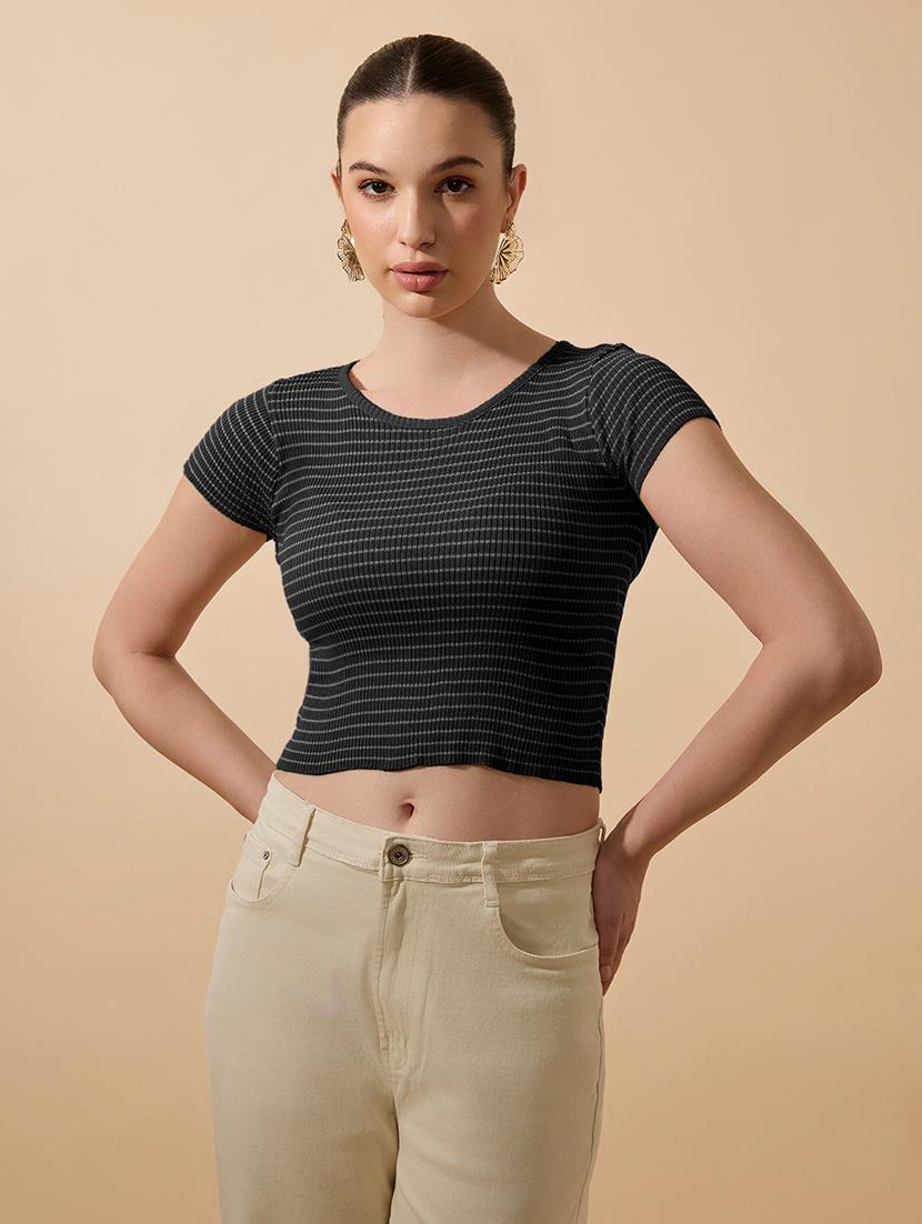 women striped short sleeve crop top - 21979956 -  Zoom Image - 0