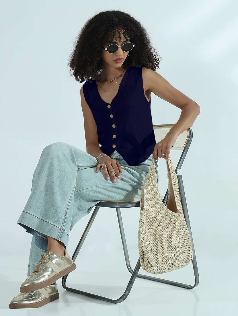 women navy blue solid sleeveless vest top - 21979958 -  Standard Image - 3