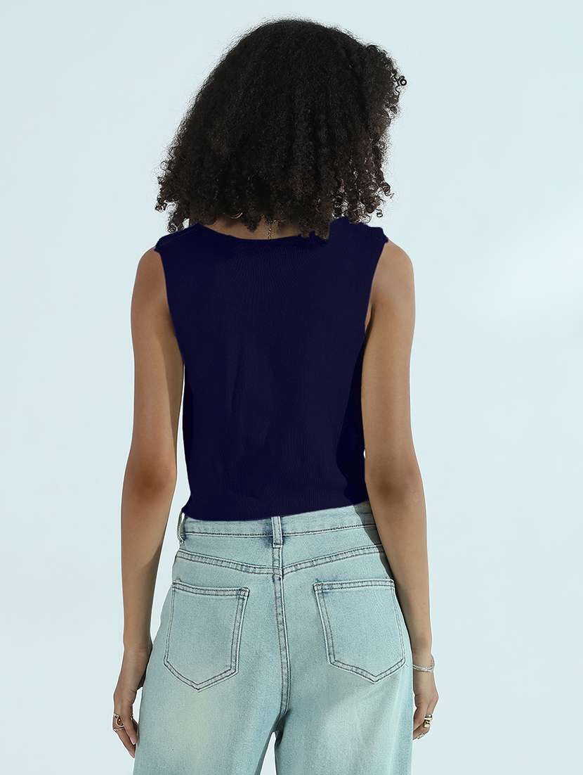 women navy blue solid sleeveless vest top - 21979958 -  Standard Image - 5