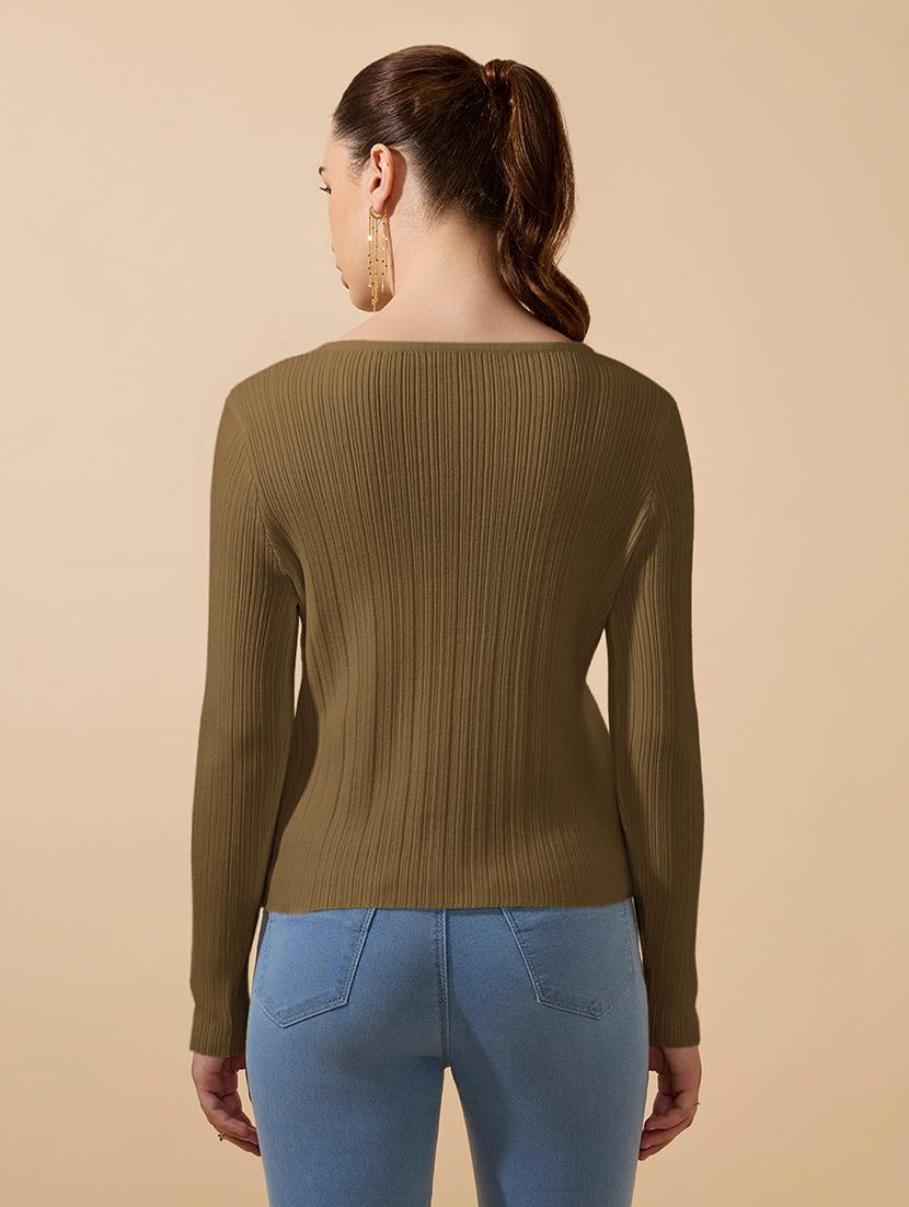 women olive solid long sleeve regular top - 21979961 - Standard Image - 3