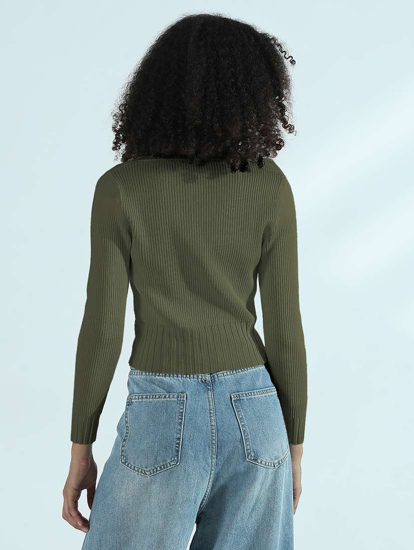 women olive solid long sleeve crop top - 21979962 -  Standard Image - 3