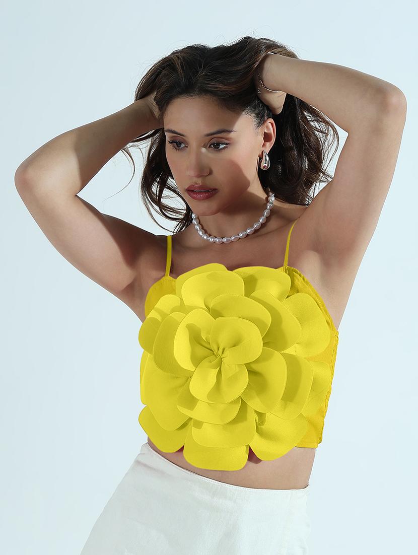 women yellow solid shoulder strap crop top - 21979963 - Standard Image - 3