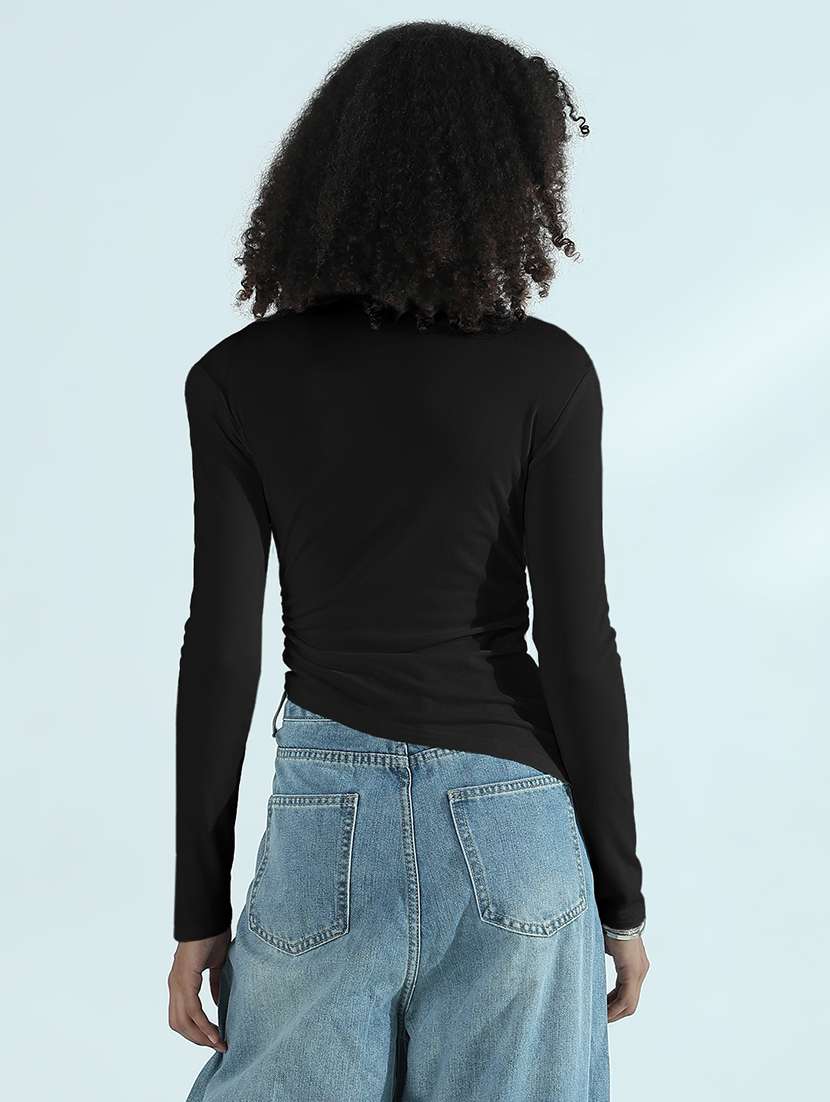 women black solid long sleeve asymmetric top - 21979966 -  Standard Image - 3