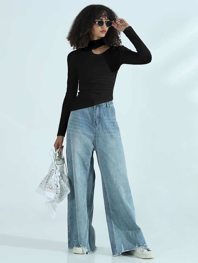 women black solid long sleeve asymmetric top - 21979966 -  Standard Image - 5