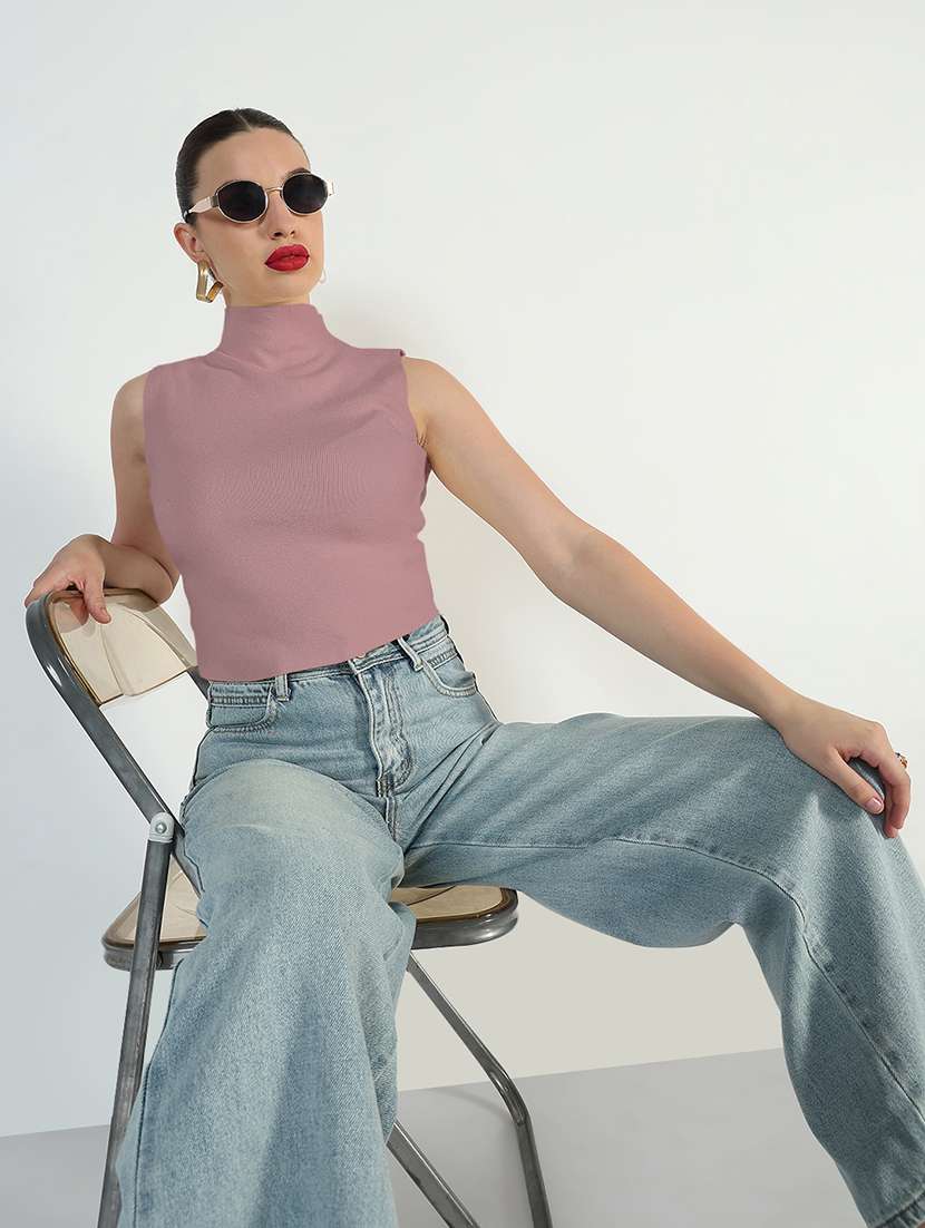 women solid mock neck slewveless crop top - 21979972 -  Standard Image - 3