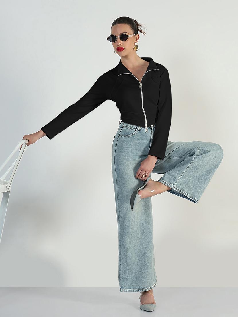 women solid long sleeve zipper croptop - 21979974 - Standard Image - 3