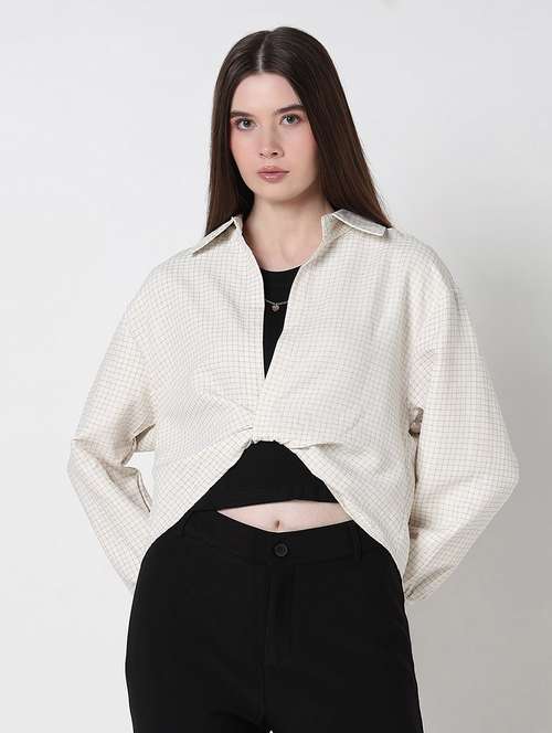 women checkered collared crop top with slip - 21979975 -  Standard Image - 0