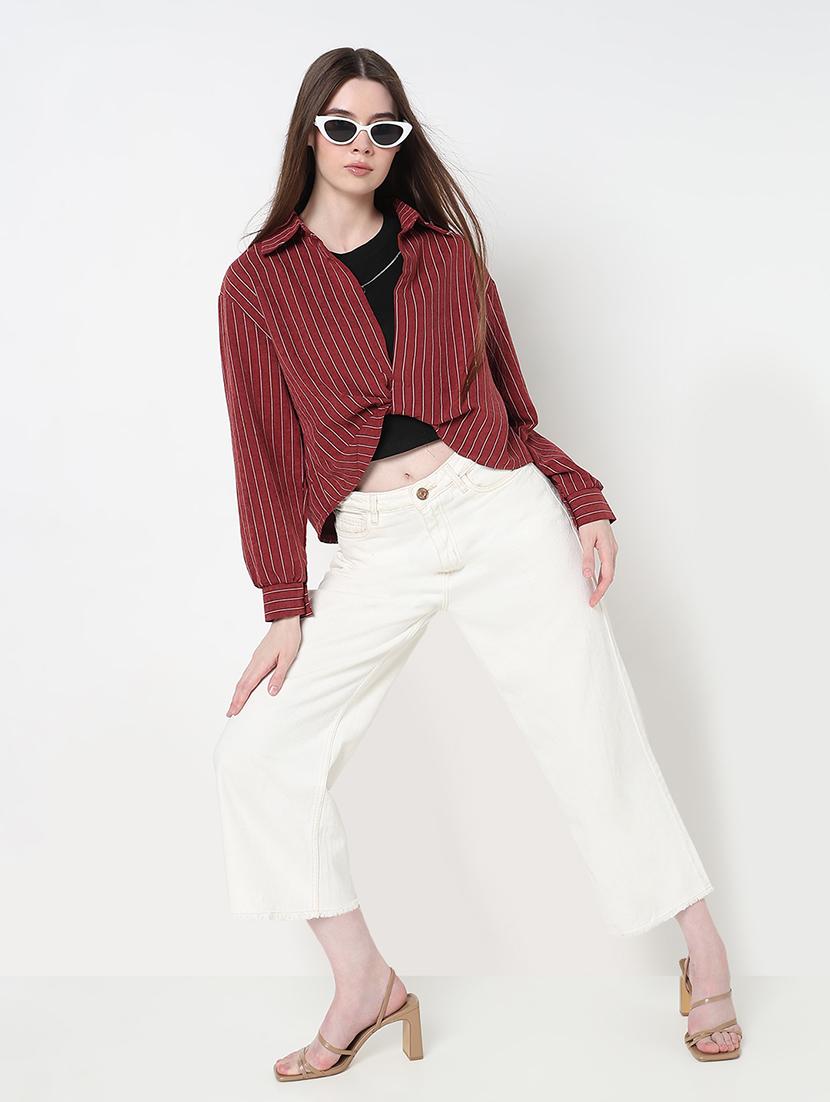 women maroon striped collared crop top with slip - 21979976 - Standard Image - 3