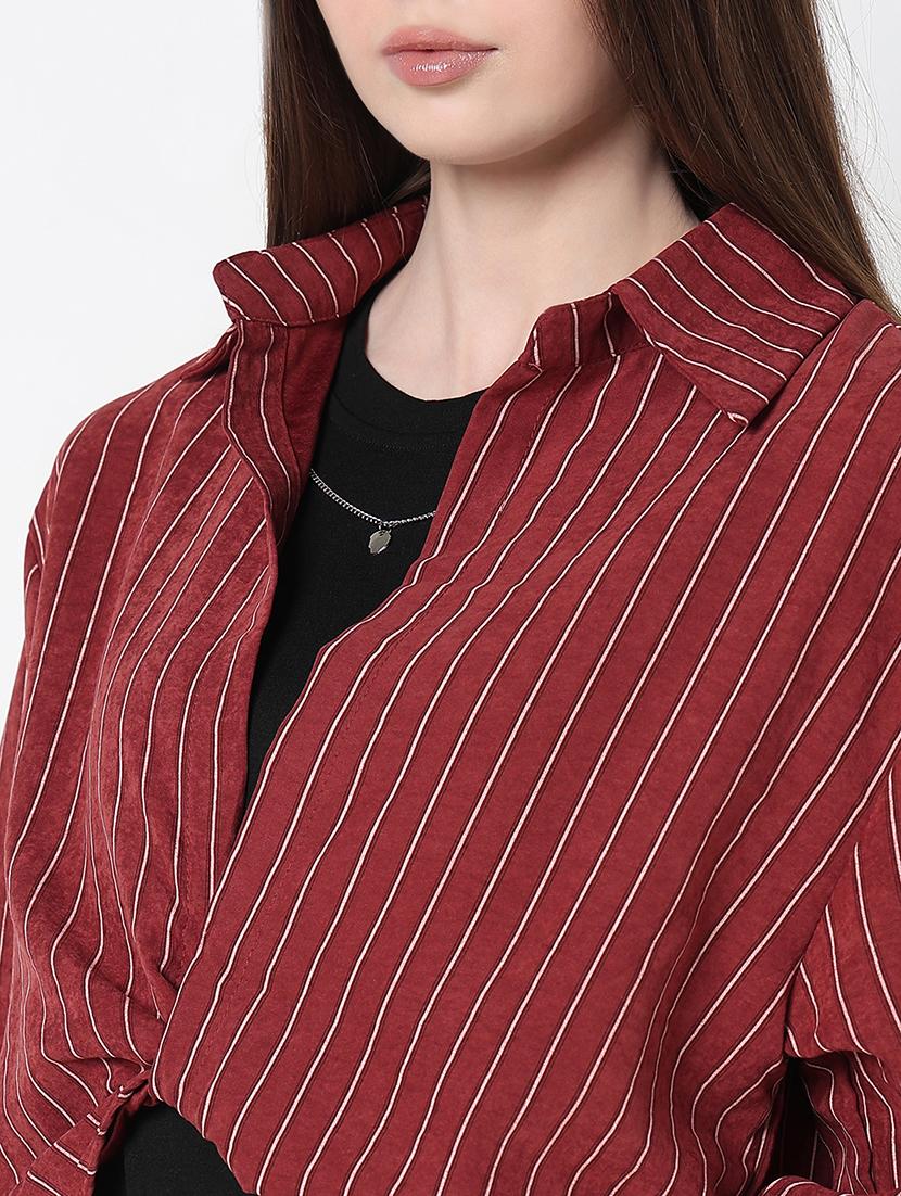 women maroon striped collared crop top with slip - 21979976 - Standard Image - 5