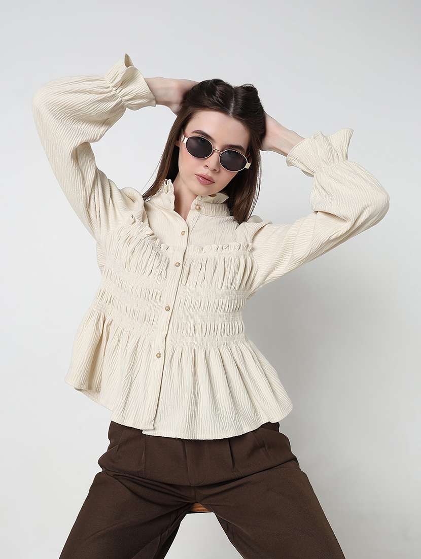 women cream solid puff sleeve a-line top