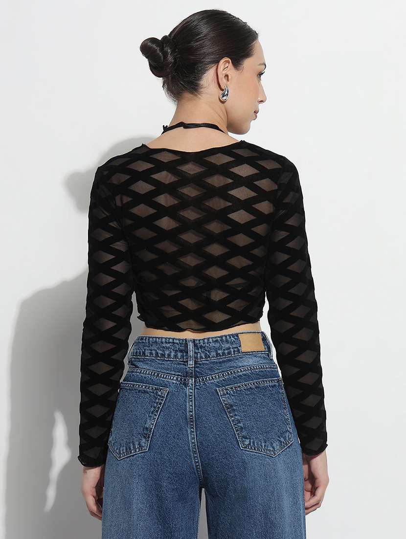 women self designed long sleeve crop sheer top - 21979980 -  Standard Image - 3
