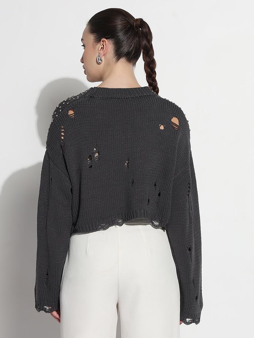 women distressed long sleeve crop pullover - 21979989 - Standard Image - 3
