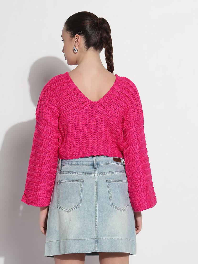 women pink solid long sleeve crop pullover - 21979990 - Standard Image - 3