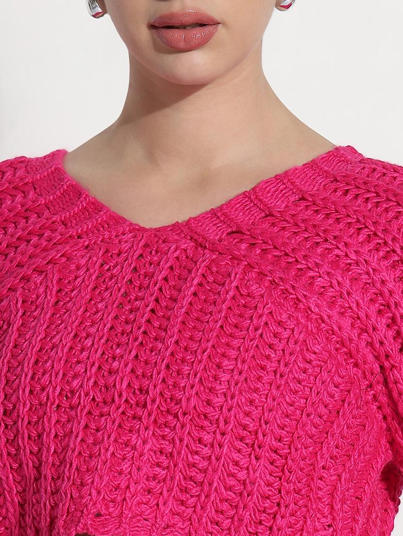 women pink solid long sleeve crop pullover - 21979990 - Standard Image - 5