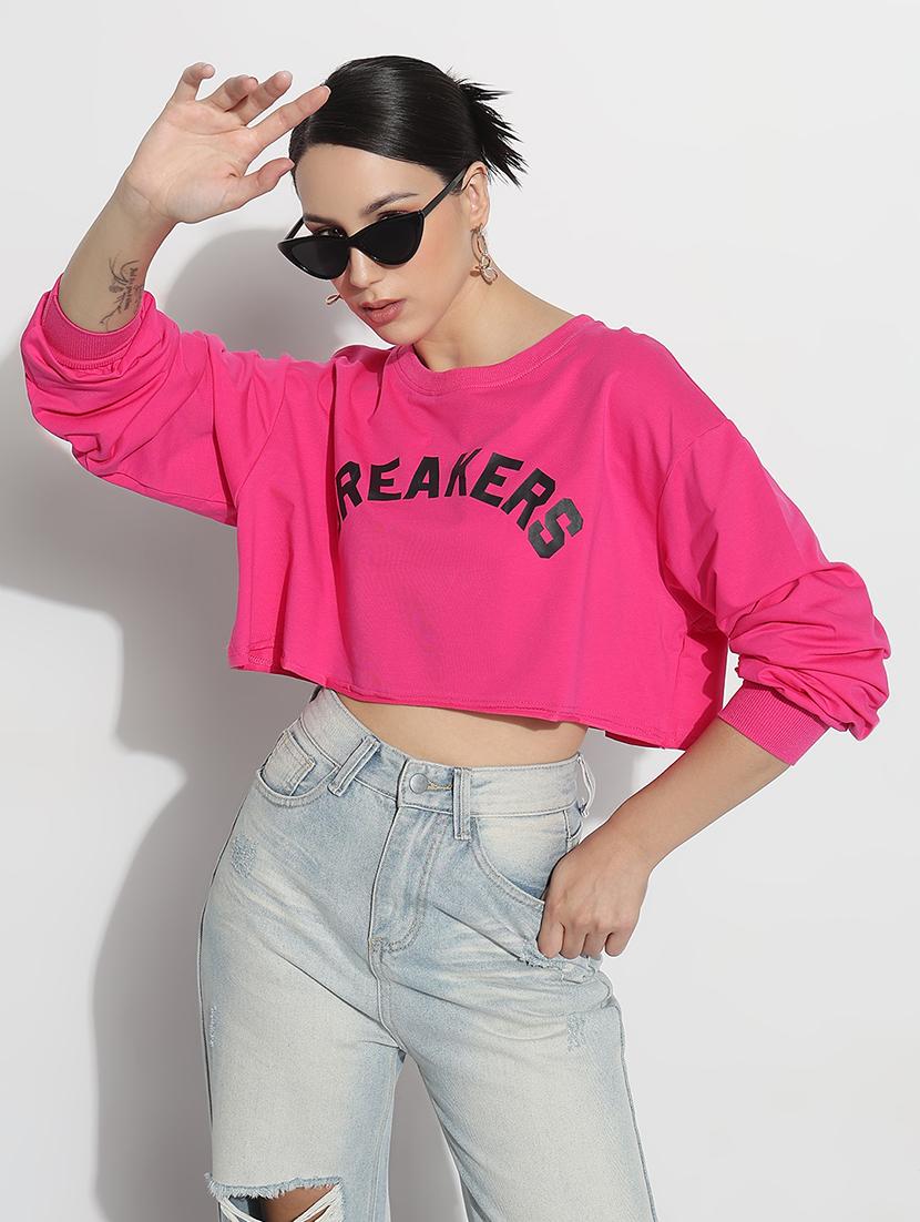 women typographic print long sleeve crop t-shirt - 21979998 -  Zoom Image - 0