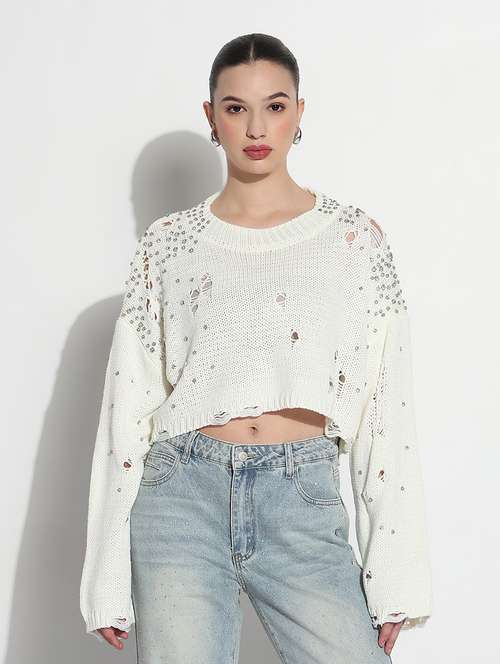 women embellished distressed long sleeve top - 21980011 -  Standard Image - 0