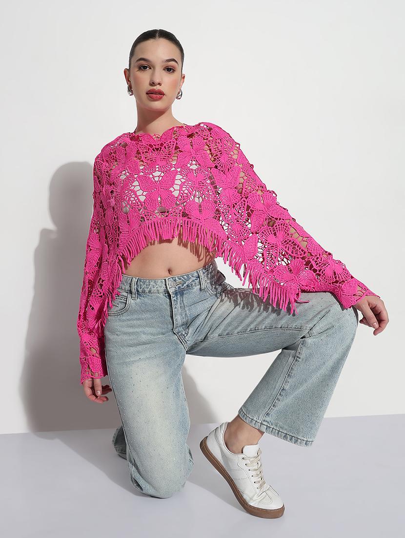 women self designed long sleeve crop lace top - 21980012 - Standard Image - 3