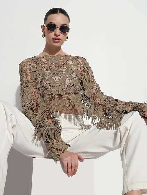 women self designed long sleeve crop lace top - 21980013 -  Standard Image - 0