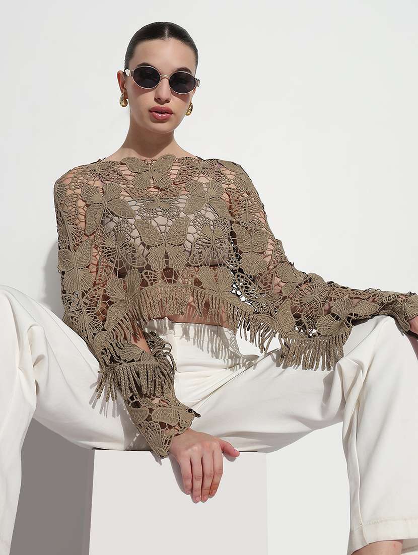 women self designed long sleeve crop lace top