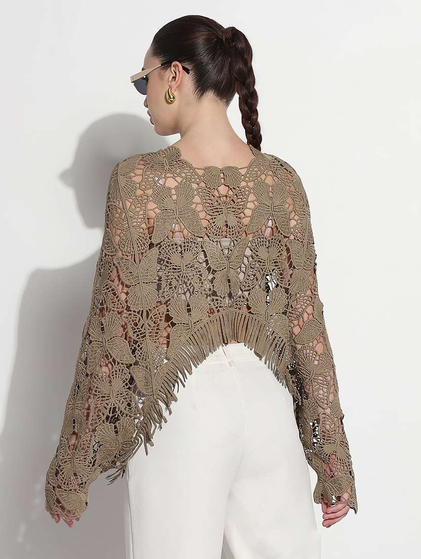 women self designed long sleeve crop lace top - 21980013 -  Standard Image - 3