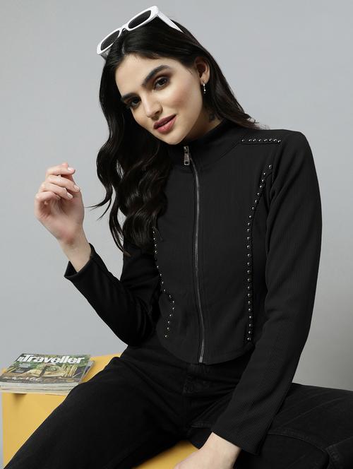 women black solid long sleeve zipper top - 21980015 -  Standard Image - 0