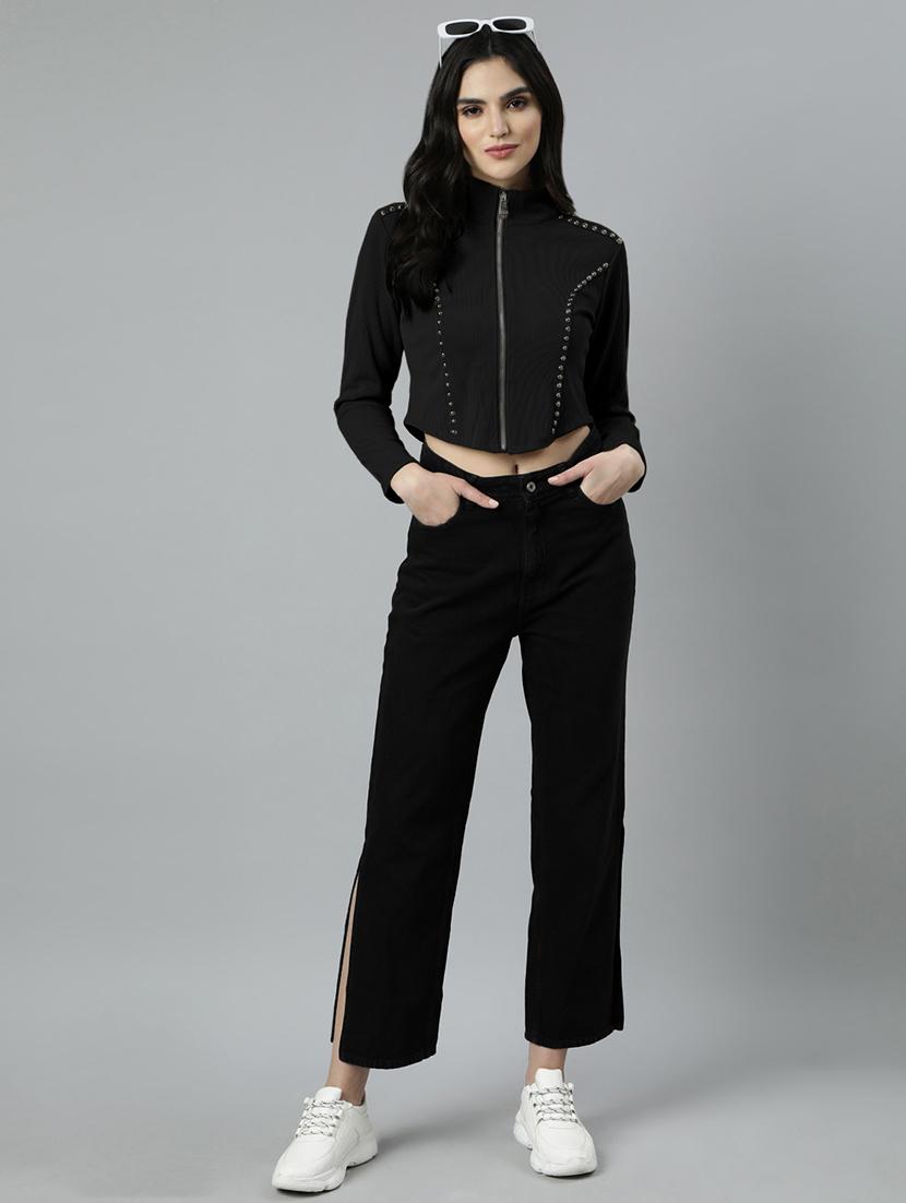 women black solid long sleeve zipper top - 21980015 - Standard Image - 5